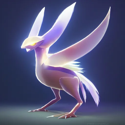 Image similar to a pokemon, psychic-type Pokemon and faintly looks like a nightingale. It has smooth feathers, two tails instead of one and a shrouded beak:: by beeple and James Gilleard and Justin Gerard :: ornate, dynamic, particulate, intricate, elegant, highly detailed, centered, artstation, smooth, sharp focus, octane render, 3