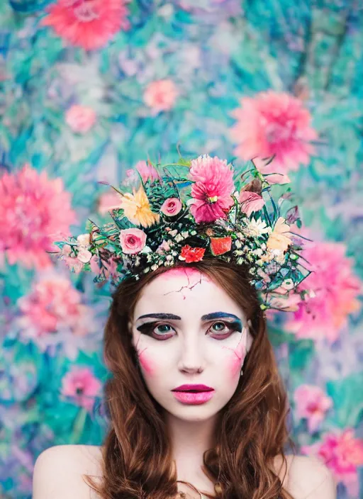 Image similar to a creative portrait of a beautiful female model, beauty shot, floral headpiece, floral painted backdrop, photography, creative makeup, face paint, female character, canon eos r 3, f / 1. 4, iso 2 0 0, 1 / 1 6 0 s, 8 k, raw, unedited, symmetrical balance, in - frame