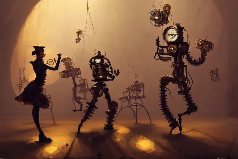 Image similar to steampunk robots expressively dancing by otto dix and greg rutkowski and andreas rocha, cinematic lighting, highly detailed, warm colours, 4 k