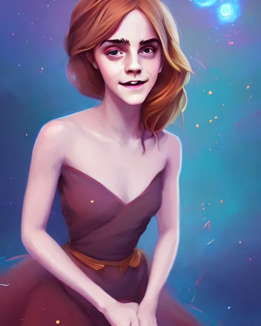 Image similar to a portrait of a beautiful full body Emma Watson smiling, pretty gold and red dress, art by lois van baarle and loish and ross tran and rossdraws and sam yang and samdoesarts and artgerm, digital art, highly detailed, intricate, sharp focus, Trending on Artstation HQ, deviantart, unreal engine 5, 4K UHD image