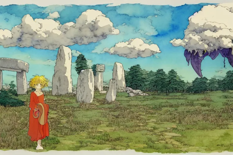 Prompt: a hyperrealist studio ghibli watercolor fantasy concept art. in the foreground is a giant hand coming down from the sky holding a stone. in the background is stonehenge. by rebecca guay, michael kaluta, charles vess