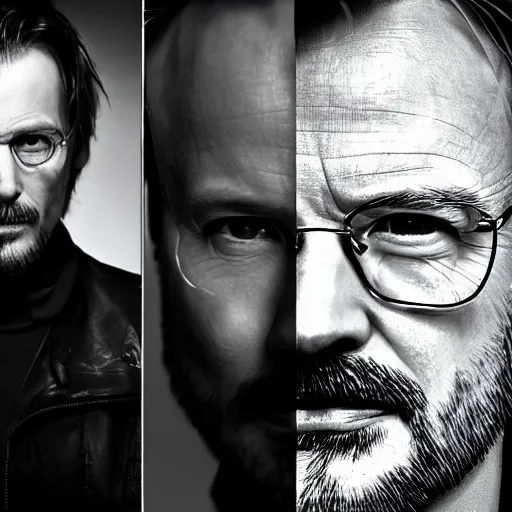 Image similar to Hideo Kojima and Christopher Nolan as Jesse Pinkman and Walter White, matte paint, portrait, very coherent, airbrush