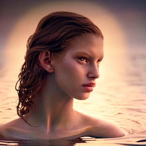 Prompt: photographic portrait of a stunningly beautiful siren renaissance female, in the water, in soft dreamy light at sunset, contemporary fashion shoot, by edward robert hughes, annie leibovitz and steve mccurry, david lazar, jimmy nelsson, extremely detailed, breathtaking, hyperrealistic, perfect face, octane render