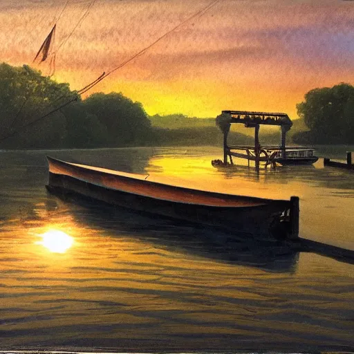 Image similar to 1 9 th century river boat in the deep south, evening sun, intense lighting, hyper realistic, gouache