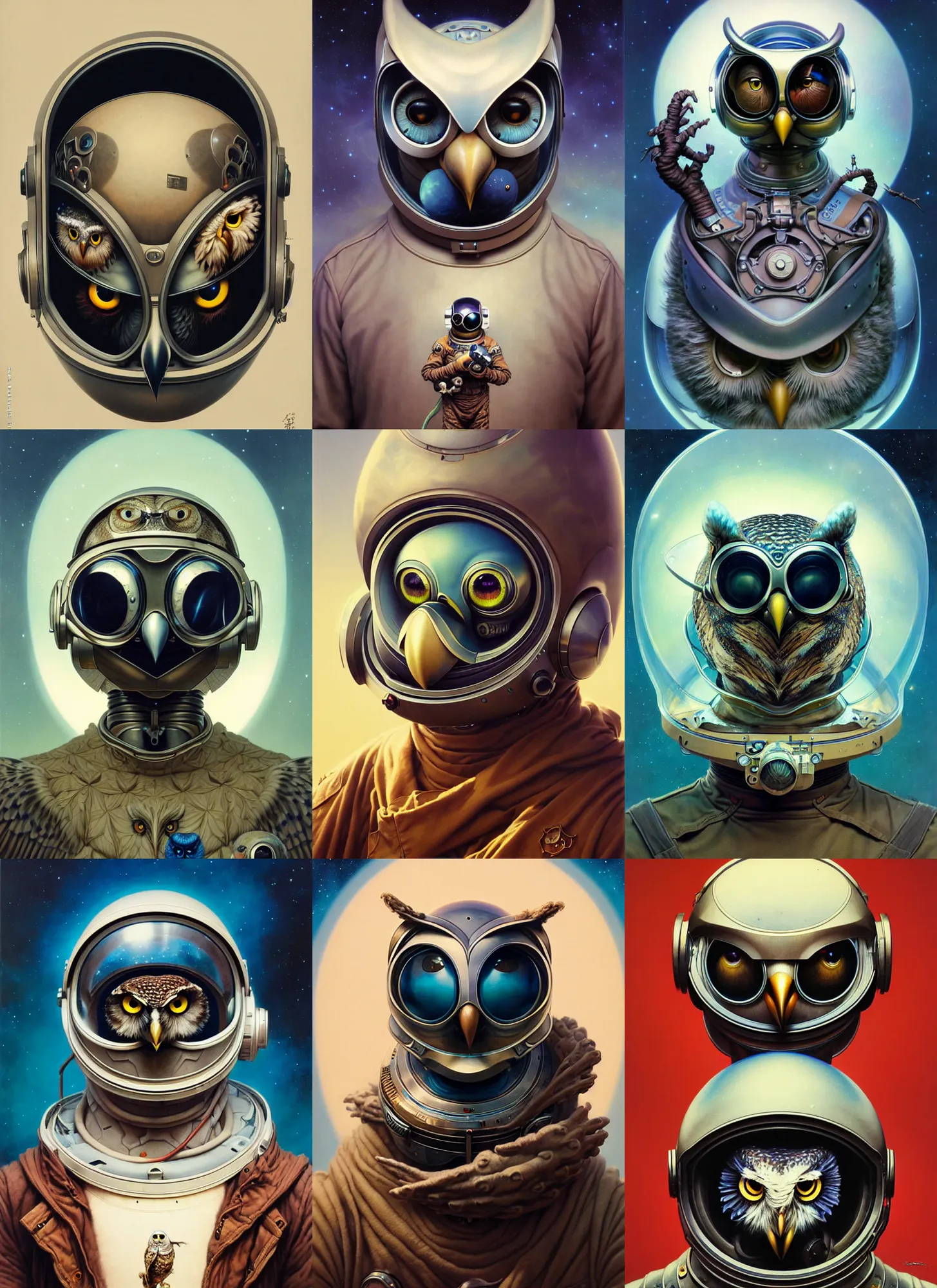 Prompt: owl with space helmet facial character portrait, ultra realistic, wide angle, intricate details, highly detailed by peter mohrbacher, hajime sorayama, wayne barlowe, boris vallejo, aaron horkey, gaston bussiere, craig mullins