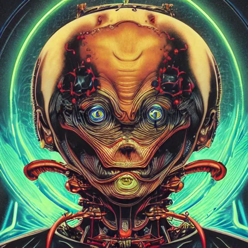 Image similar to portrait of crazy alien, symmetrical, by yoichi hatakenaka, masamune shirow, josan gonzales and dan mumford, ayami kojima, takato yamamoto, barclay shaw, karol bak, yukito kishiro