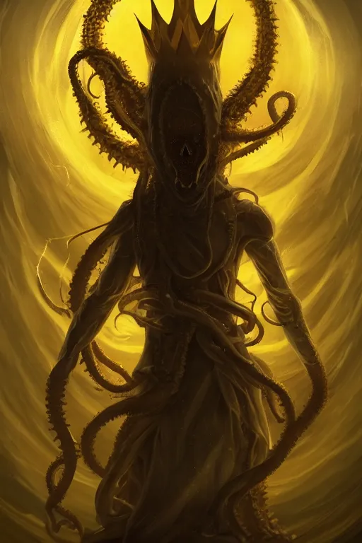 Prompt: A full body portrait of a mysterious character with no face with a very long hooded yellow cloak, a golden crown floating above his head tentacles coming out the ground art by James Paick, and Shaddy Safadi, ominous, cosmic horror, trending on artstation, Ultra detailed, hyper realistic 4k