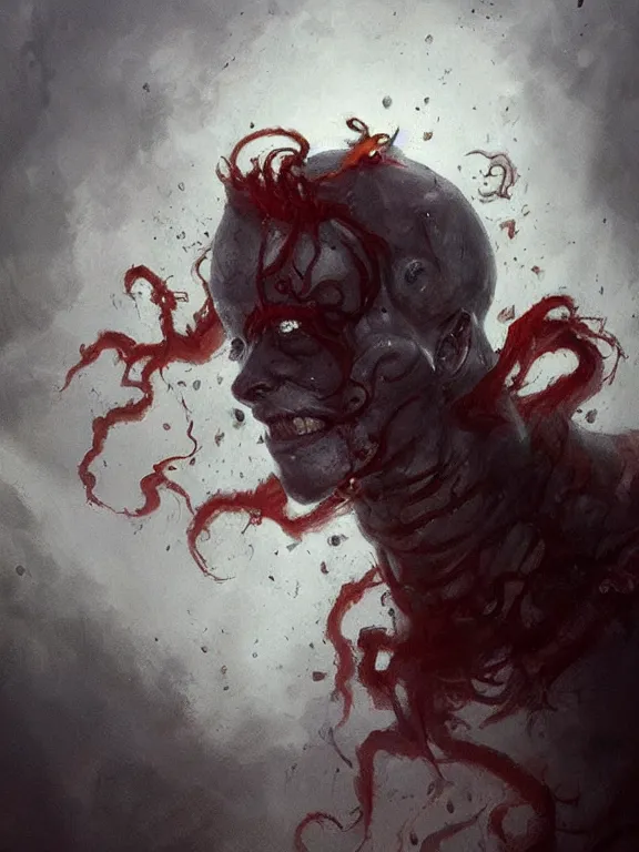 Image similar to painting by greg rutkowski a flying human head with tears running down it's face face that is chalk white in color, with long white!! tentacles!! coming out of the neck, fiery scorching red eyes, flying in a terrying hellish dark cavernous place