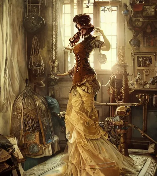 Image similar to woman model, intricate steampunk clothes, in a bedroom!!!!!!!!!!!!!!!!!!!!, elegant, highly detailed, digital painting, artstation, concept art, smooth, sharp focus, illustration, art by krenz cushart and artem demura and alphonse mucha