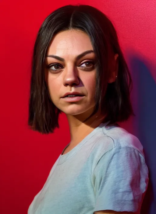 Prompt: Mila Kunis (buzzcut haircut) cast as Eleven, still from Stranger Things movie, hyperrealistic, 8k, Octane Render,