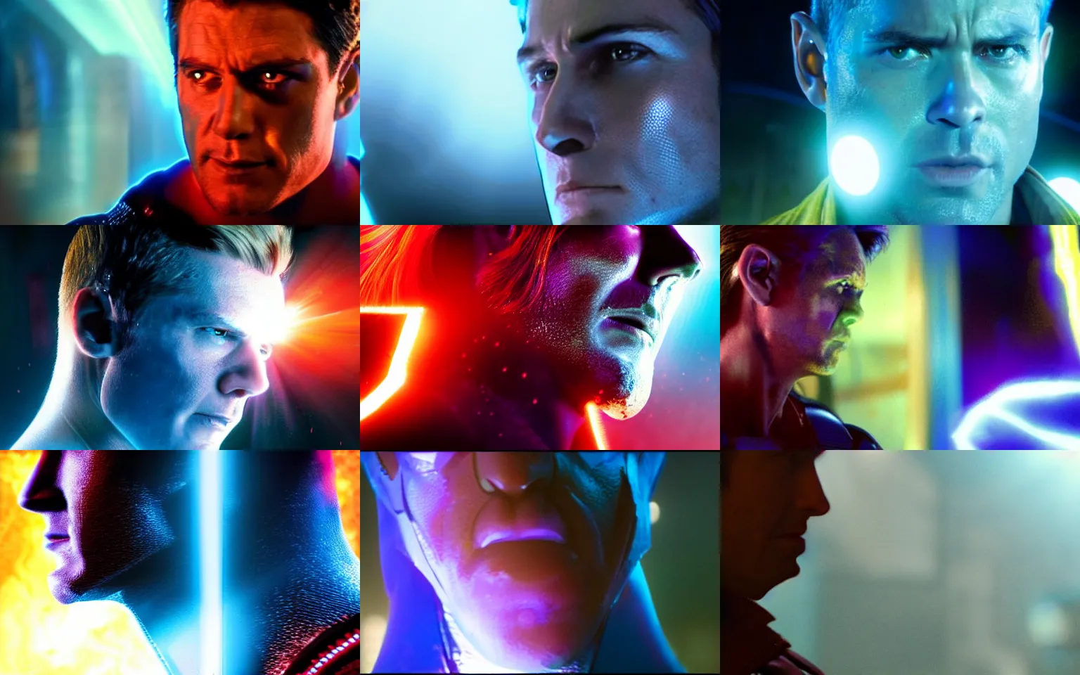 Prompt: still frame from blockbuster comicbook movie showing a closeup of a character, their face in profile, showcasing impressive groundbreaking cgi with subsurface illumination effects which make the character appear to be made of cherenkov radiation.