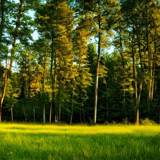 Prompt: Film still, extreme wide shot of a secluded meadow covered in green grass, surrounded by tall, full trees, bokeh, golden hour, 8k