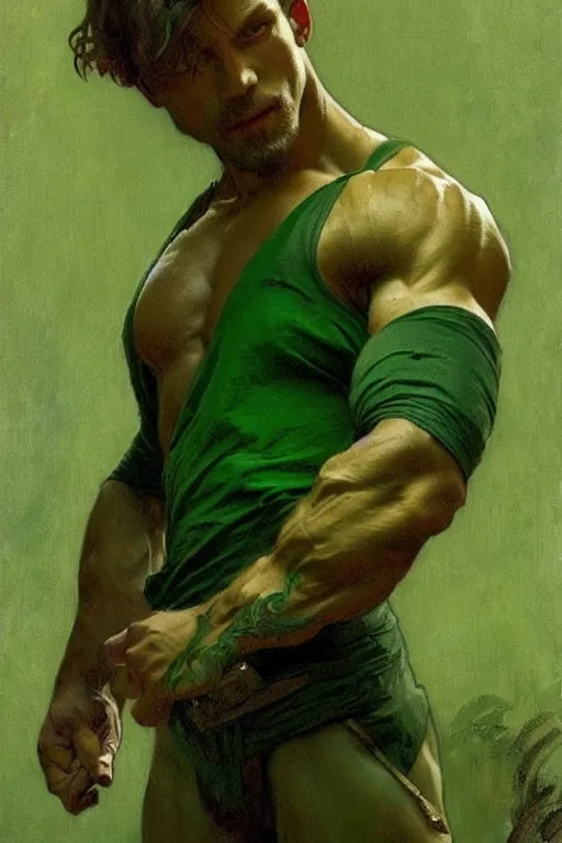 Image similar to man wearing green clothes, muscular, fantasy, painting by greg rutkowski and alphonse mucha