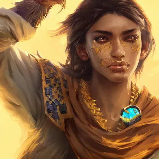 Prompt: portrait of young wild arabian nomad half werewolf, with yellow cloths, league of legends splash art, hearthstone splash art, full body shot, rule of thirds, ultrafine hyperrealistic detailed face, artgerm, greg rutkowski, trending on artstation, 8 k, intricately detailed, highly detailed