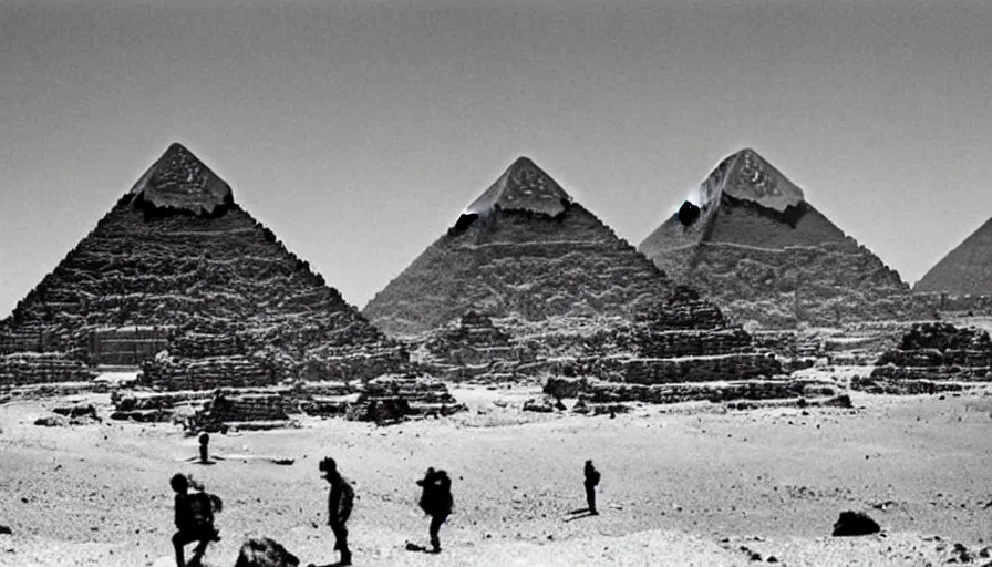 Prompt: aliens lift up big rocks in the foreground. the pyramids are halfway built in the background. archive photo