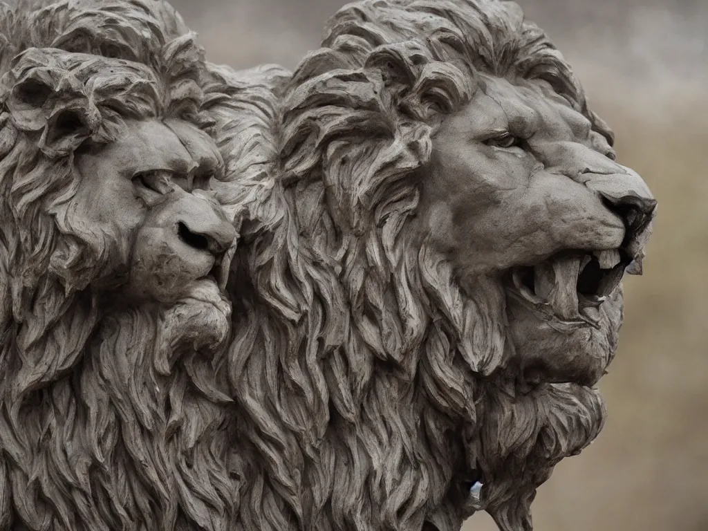 Image similar to a sculpture of a lion lion with a human head with photorealistic level of detail