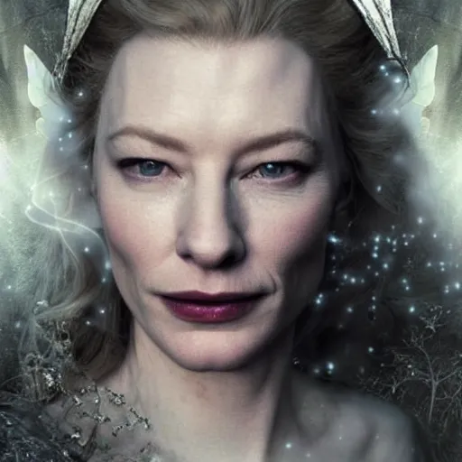 Prompt: portrait of (((mischievous))), baleful young Cate Blanchett as Galadriel as a queen of fairies, dressed in a beautiful silver dress. The background is a dark, creepy eastern europen forrest. night, horroristic shadows, high contrasts, lumnious, photorealistic, dreamlike, (mist filters), theatrical, character concept art by ruan jia, thomas kinkade, and J.Dickenson, trending on Artstation