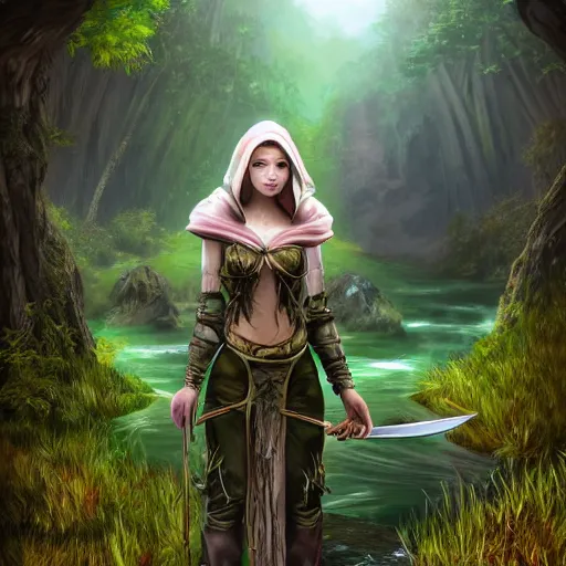 Prompt: a beautiful female fantasy dnd rogue standing by a stream in a lush valley, holding both her daggers, hooded character, fine digital art, extreme detail, highly complex, very intricate, volumetric lighting, long grass, bushes, trees, godrays
