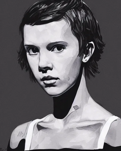 Prompt: close up portrait of millie bobby brown by yoji shinkawa, black and white, dramatic lighting