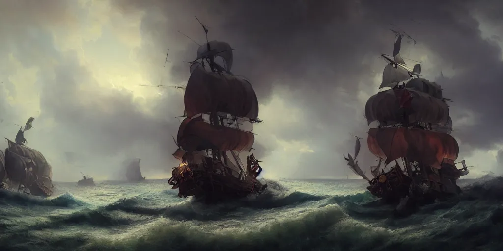 Image similar to a pirate ship from 1 7 0 0 s in the middle of a storm, extremely detailed digital painting, in the style of fenghua zhong and ruan jia and jeremy lipking and peter mohrbacher, mystical colors, rim light, beautiful lighting, 8 k, stunning scene, raytracing, octane, trending on artstation