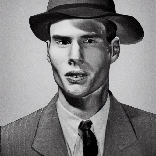 Image similar to A photograph portrait of Jerma985 wearing a suit with and fedora in the 1950s, taken in the early 1950s, grainy, taken on a 1950s Kodak Camera, realistic, hyperrealistic, very realistic, highly detailed, very detailed, extremely detailed, detailed, digital art, trending on artstation