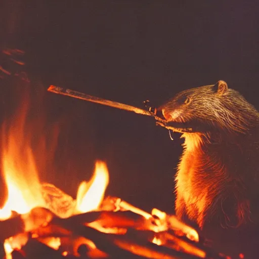 Prompt: beaver being spit roasted over a campfire at night, photograph