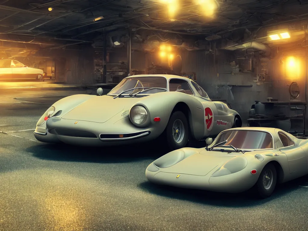 Prompt: a wholesome animation key shot of a focused old ferrari car in a car park, close shot, studio Ghibli, Pixar and Disney animation, sharp, very detailed, high resolution, Rendered in Unreal Engine 5, anime key art by Greg Rutkowski, Bloom, dramatic lighting