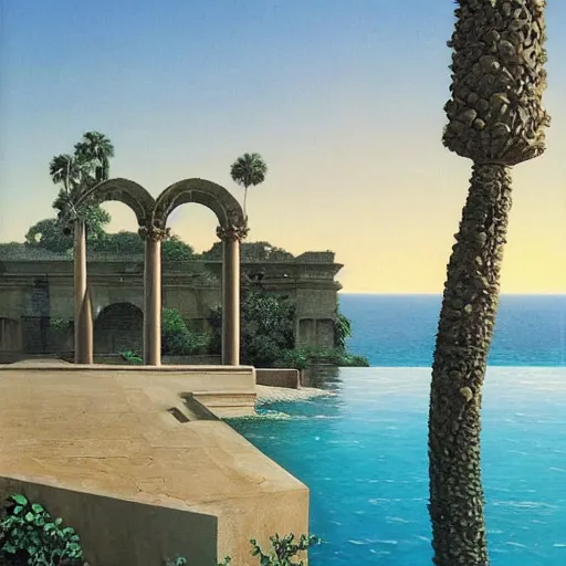 Prompt: David Ligare masterpiece, hyperrealistic surrealism, award winning masterpiece with incredible details, epic stunning, infinity pool, a surreal vaporwave liminal space, highly detailed, trending on ArtStation, broken giant marble head statue ruins, calming, meditative, geometric liminal space, palm trees, very vaporwave, very very surreal, sharp details, artgerm and greg rutkowski and alphonse mucha, daily deviation, IAMAG