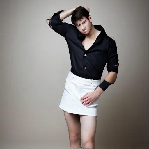 Prompt: A young pretty male model showcasing a very cute miniskirt and blouse. Studio lighting