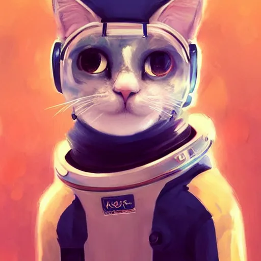 Image similar to head and shoulders masterpiece portrait of a cute adorable cat wearing a spacesuit, surreal background, digital art by krenz cushart, trending on artstation, cgsociety,