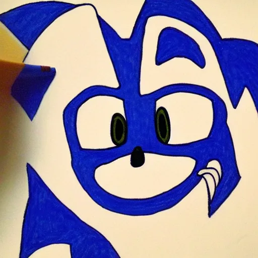 Prompt: Sonic the hedgehog, drawn by a drunk child maybe, it\'s really bad