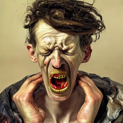 Prompt: high quality high detail painting of a man screaming in agony by lucian freud and michael hussar and jenny saville and francis bacon, hd, anxiety