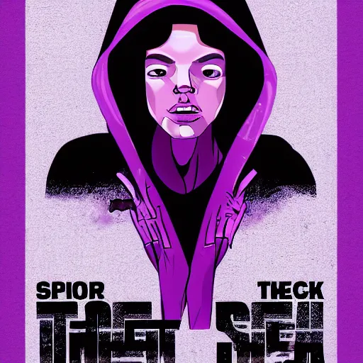 Image similar to poster artwork, sci fi, a female, full body, black hoodie techie, black hair with purple streaks, 8 k