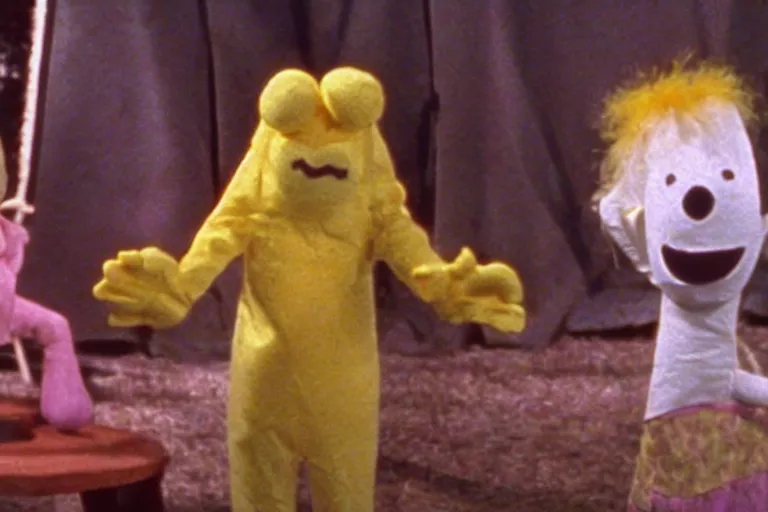Image similar to a color still from a weird 1972 kids tv show where a sad cheese puppet and a furry ghost have a tickle party with death tent