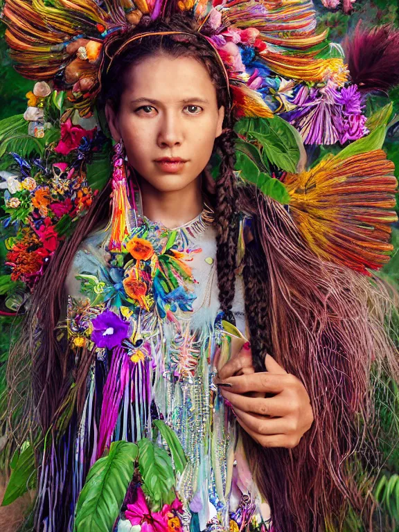 Image similar to beautiful portrait of a Subtropics minority female wearing fantastic Hand-dyed cotton dress, embellished beaded feather decorative fringe knots ,colorful pigtail,subtropical flowers and plants,symmetrical face,intricate,elegant, highly detailed, 8k,post-processing,digital painting, trending on artstation, concept art, sharp focus, illustration,by Steve McCurry and Tom Bagshaw and Daniel Gerhartz and Albert Aublet and Lawrence Alma-Tadema
