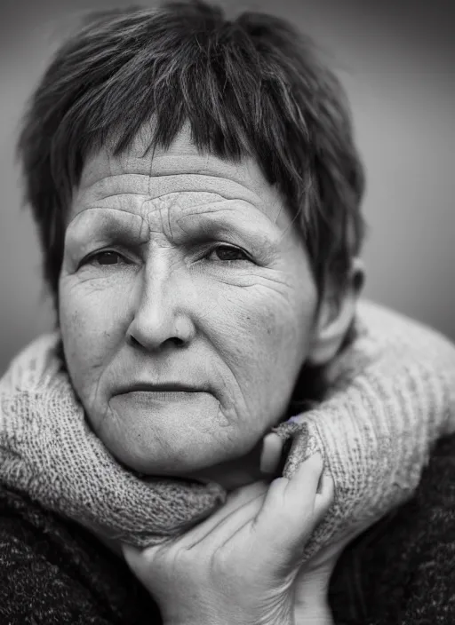 Image similar to color medium shot portrait of 50-year-old woman from Norway with short hair, looking tired, candid street portrait in the style of Rehahn award winning, Sony a7R