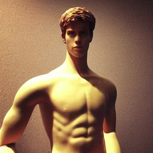 Image similar to “ a realistic detailed photo of a guy who is an attractive humanoid who is half robot and half humanoid, who is a male android, actor liam hemsworth, shiny skin, posing like a statue, blank stare, at the museum, on display ”