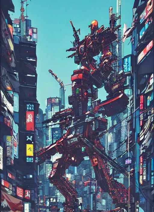 Image similar to giant war robots in the middle of cyberpunk tokyo. detailed, wearing kimono armour, by conrad roset, takato yomamoto, jesper ejsing, masamune shiro, ukiyo - e