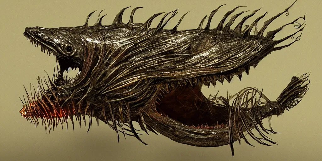 Image similar to angler fish sculpture, stylized layered shapes, long flowing fins, bioluminescent orbs, diffuse lighting, glowing eye, intricate, elegant, highly detailed, lifelike, photorealistic, digital painting, artstation, smooth, sharp focus, art by h r giger