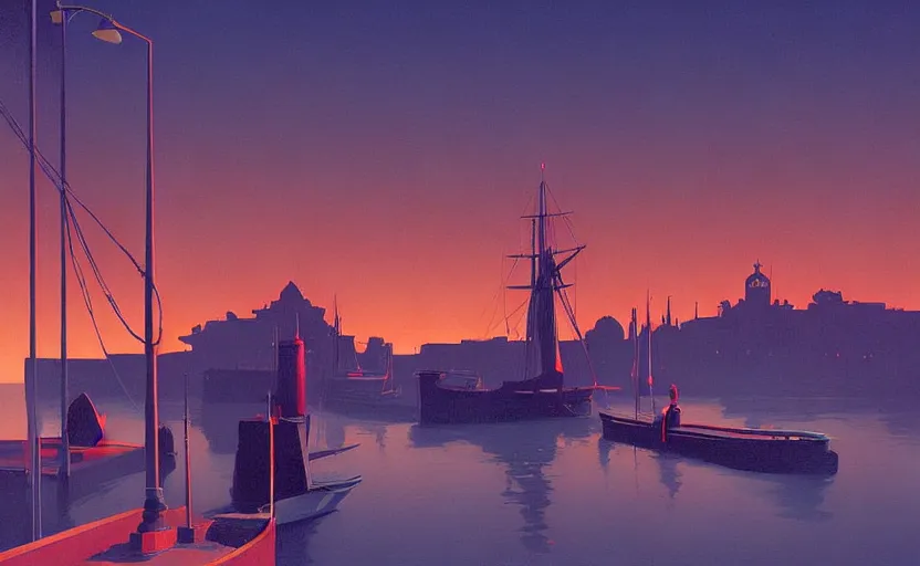 Image similar to Old victorian harbour at dusk, very coherent, painted by Edward Hopper, Wayne Barlowe, painted by James Gilleard, airbrush, art by JamesJean