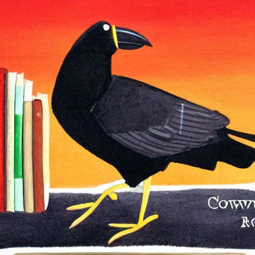 Image similar to a crow trying to grab a ram, children's book illustration, in the style of Andy Catling,