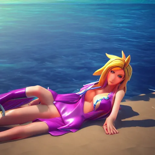 Prompt: beautiful render of pool party Ahri from league of legends looking at the horizon in a hawaii beach, 3d, octane render, realistic, highly detailed, trending on artstation