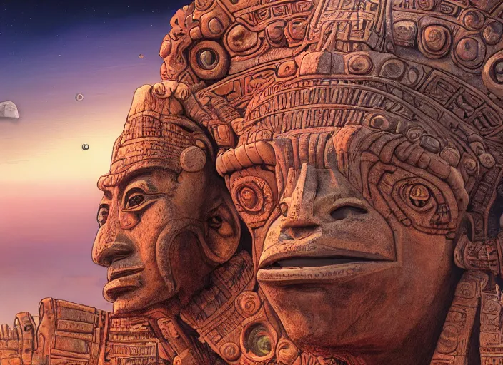 Prompt: close up view of a massive aztec statue on an alien planet by jeff darrow and moebius, earth and pastel colors, dramatic perspective, highly detailed, ultra realistic, masterpiece, 4 k, 8 k