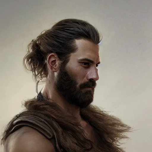 Image similar to portrait of a young, ruggedly handsome ranger, muscular, man bun, half body, leather, hairy, d & d, fantasy, intricate, elegant, highly detailed, digital painting, artstation, concept art, smooth, sharp focus, illustration, art by artgerm and greg rutkowski and alphonse mucha