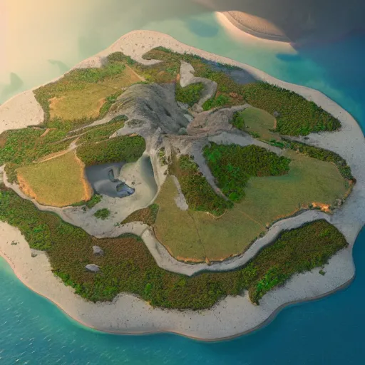 Image similar to Long forgotten island that once hosted a great civilization now gone, Tropical Island, matte painting, concept art, top down view