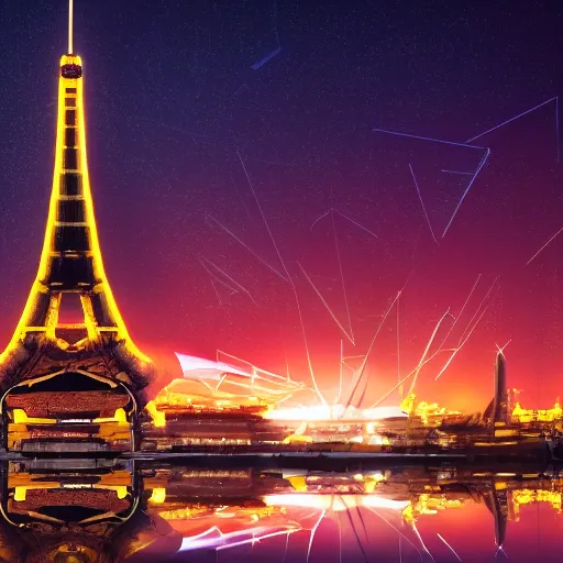 Prompt: futuristic eiffel tower on a space station, golden hour, photography, award - winning, hyper detailed, 4 k, smooth, sharp focus, trending