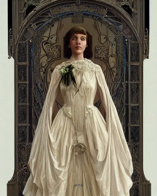 Image similar to an art nouveau painting of a girl resembling alicia vikander or millie bobby brown in a wedding dress, highly detailed, intricate, artstation, by donato giancola
