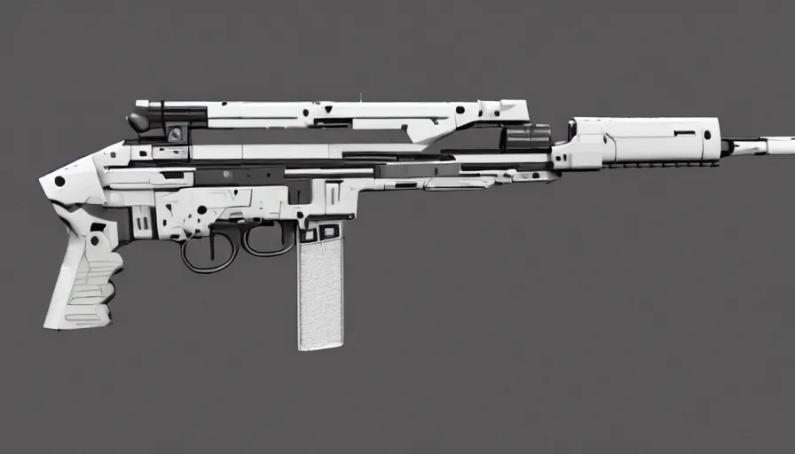 Prompt: extremely detailed realistic side view of a sci fi bullpup gauss rifle, detailed pistol trigger, chemically propelled, massive battery, smooth streamline, sidefed magazine, railgun, chemrail, gauss, elegant sleek smooth body, white paint, sleek utopian design, ultra high quality, minimalist, octane, cod, elysium, warframe, terminator