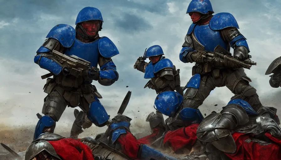 Prompt: mid action shot cinematic artwork of 2 armies, one army wearing blue armor fighting another army wearing red armor on the battlefield by greg rutowski, masterpiece, 4k