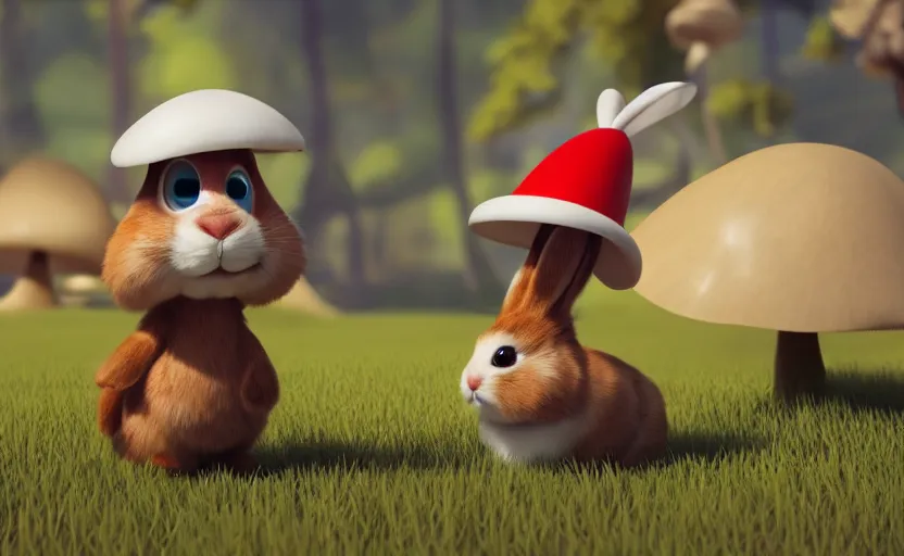 Image similar to cute rabbit character with mushroom hat, style of pixar, unreal engine 5, trending on artstation, 8K